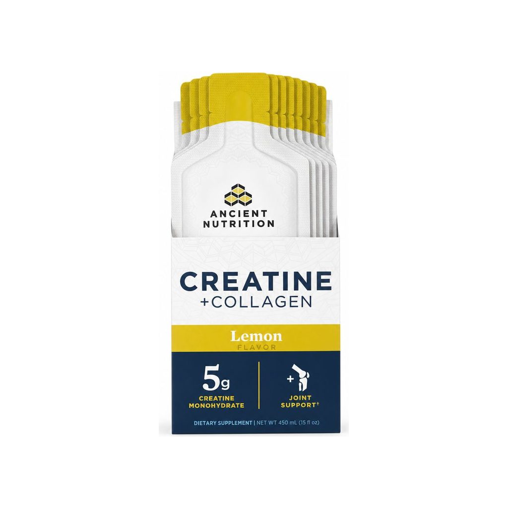 Ancient Nutrition Creatine + Collagen Gel Lemon box with 15 single-serving pouches