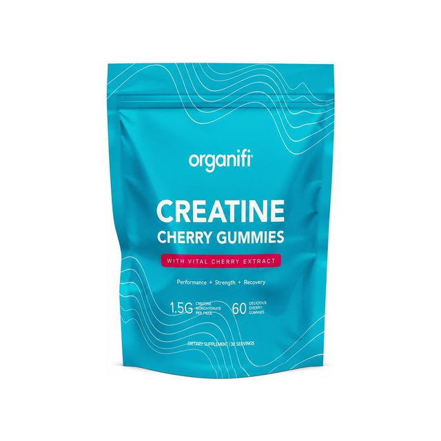 Organifi Creatine Chews Cherry 60 gummies front pouch with cherry flavor callout