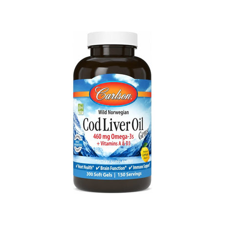 Carlson Cod Liver Oil Gems Lemon 300 Softgels bottle front label on white background