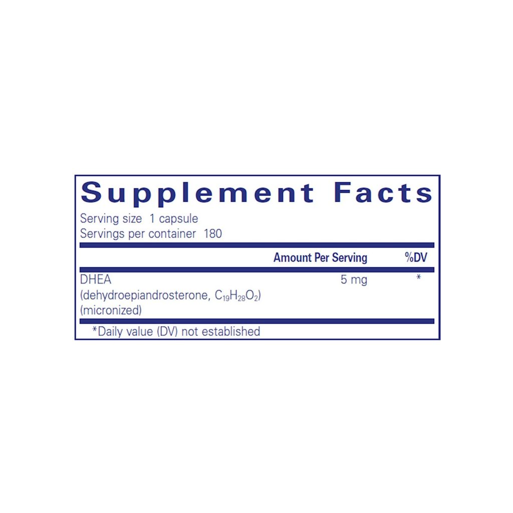 Pure Encapsulations DHEA 5 mg supplement facts panel listing ingredients, dosage, and serving size