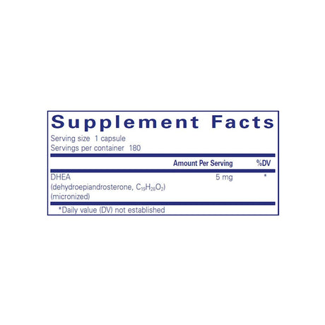 Pure Encapsulations DHEA 5 mg supplement facts panel listing ingredients, dosage, and serving size