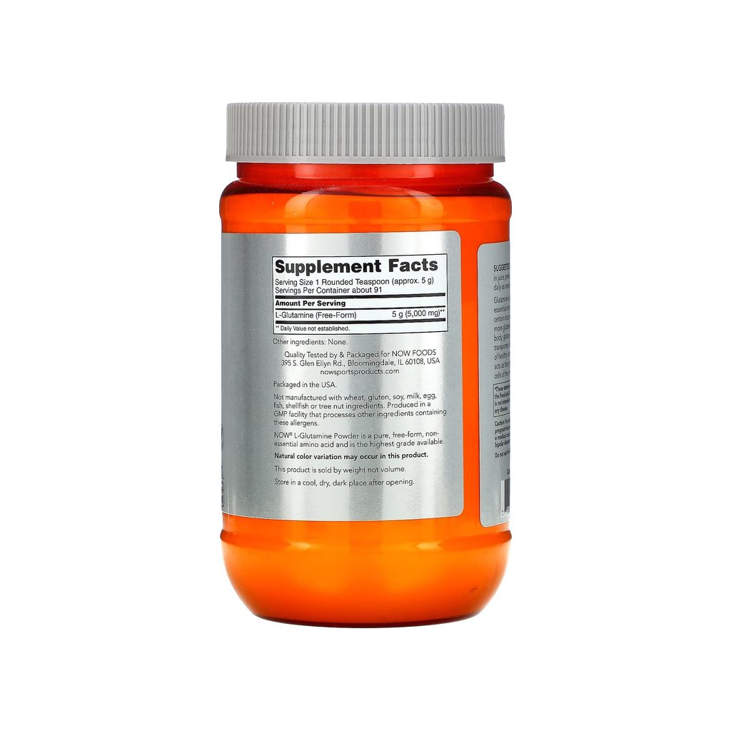 NOW Foods L-Glutamine Powder supplement facts panel listing ingredients, dosage, and serving size