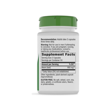 Nature's Way Neem Leaf supplement facts panel listing ingredients, dosage, and serving size