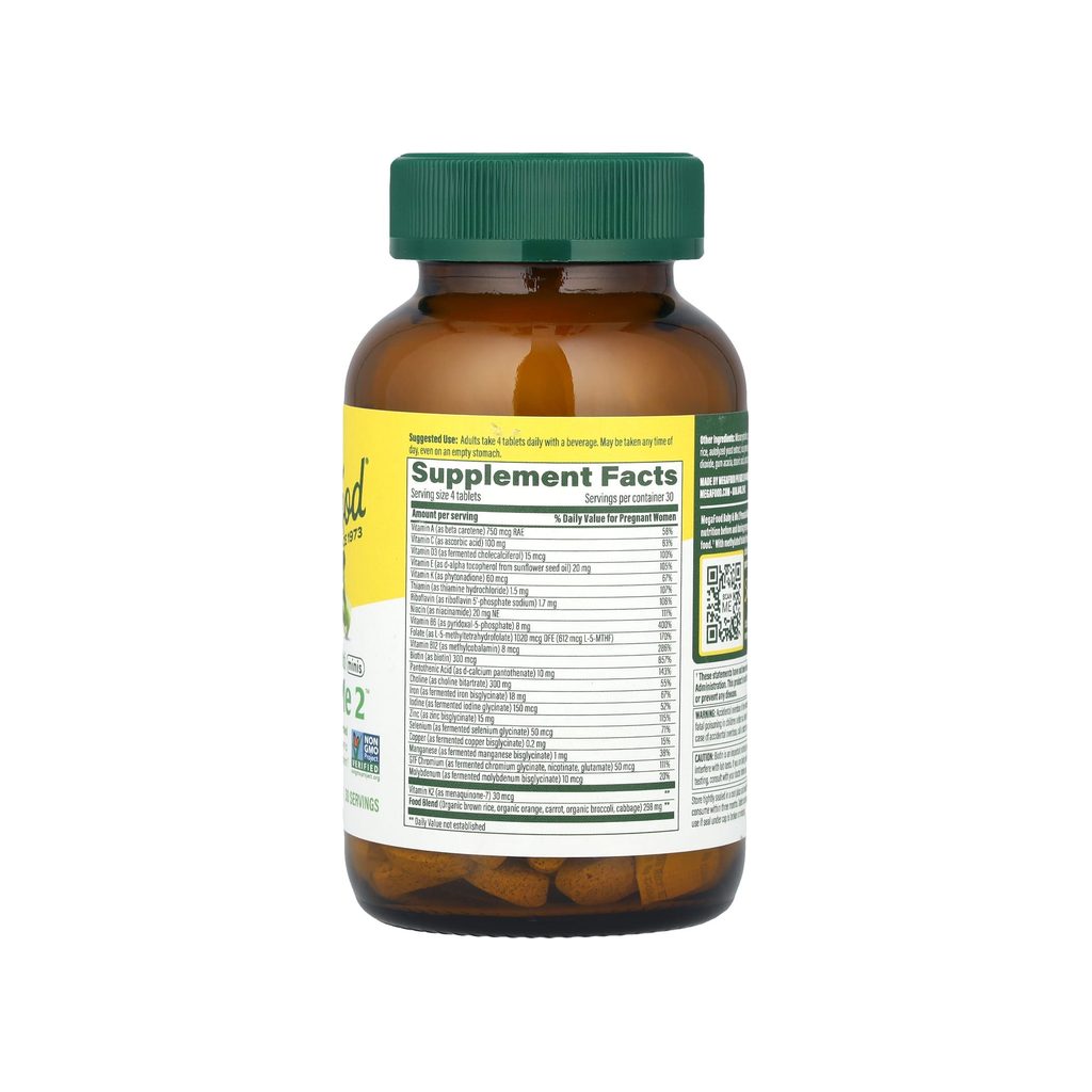 MegaFood Baby & Me 2 Prenatal Multi Minis supplement facts panel listing ingredients and serving size