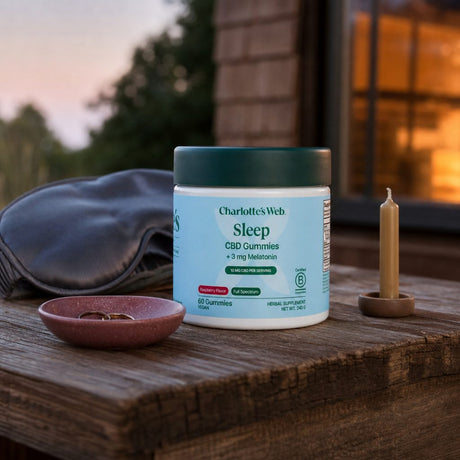 Charlotte's Web Sleep CBD Gummies w/ Melatonin in a wellness lifestyle scene