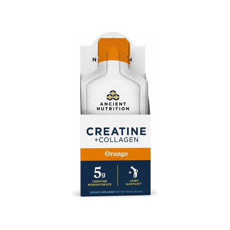 Ancient Nutrition Creatine + Collagen Gel Packs Orange box and single-serving pouch