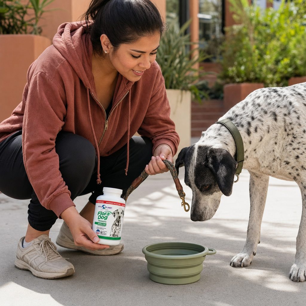 Vital Planet Flora Dog Probiotic Chews bottle with beef-flavored chewable tablets