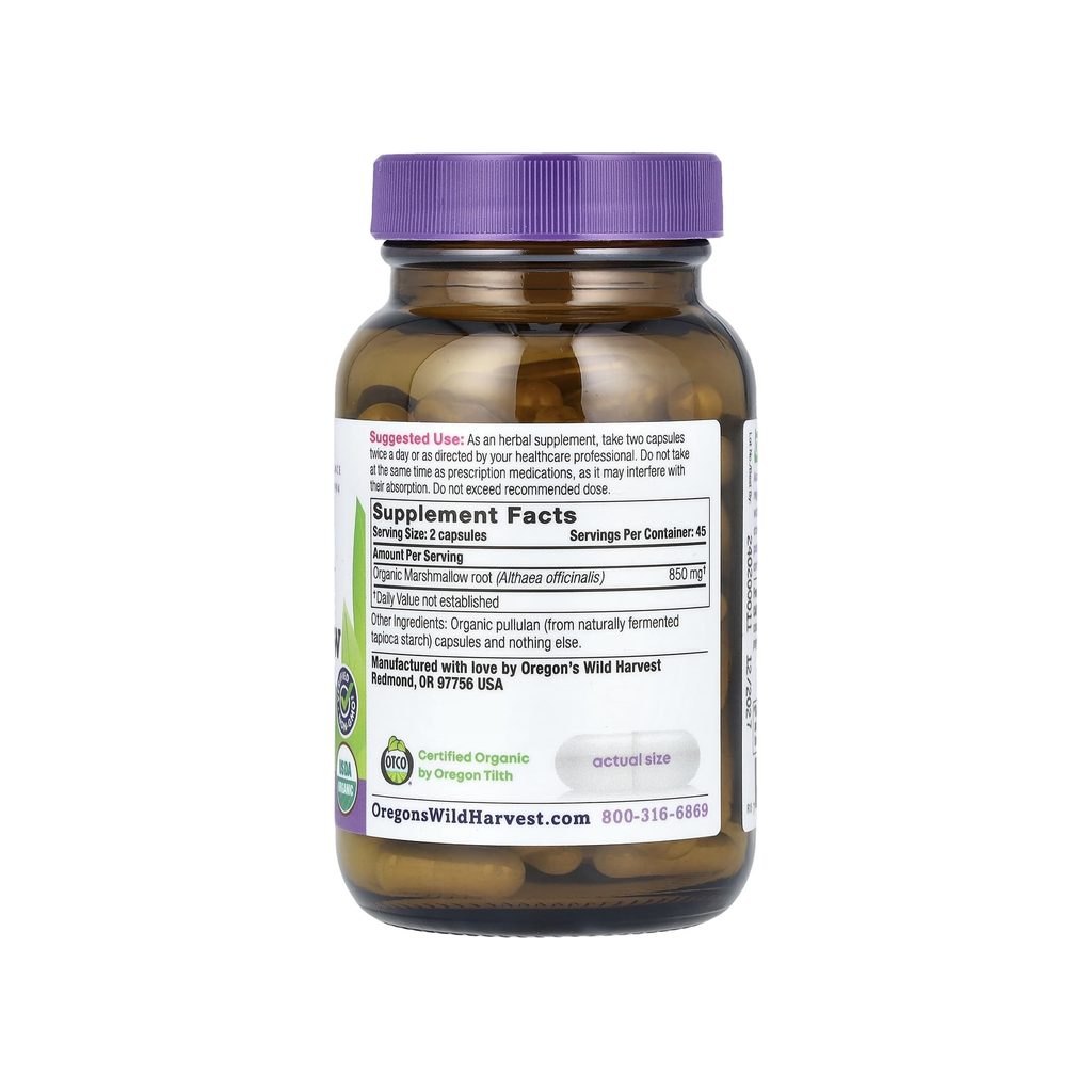 Oregon's Wild Harvest Organic Marshmallow Capsules supplement facts panel listing ingredients and serving size