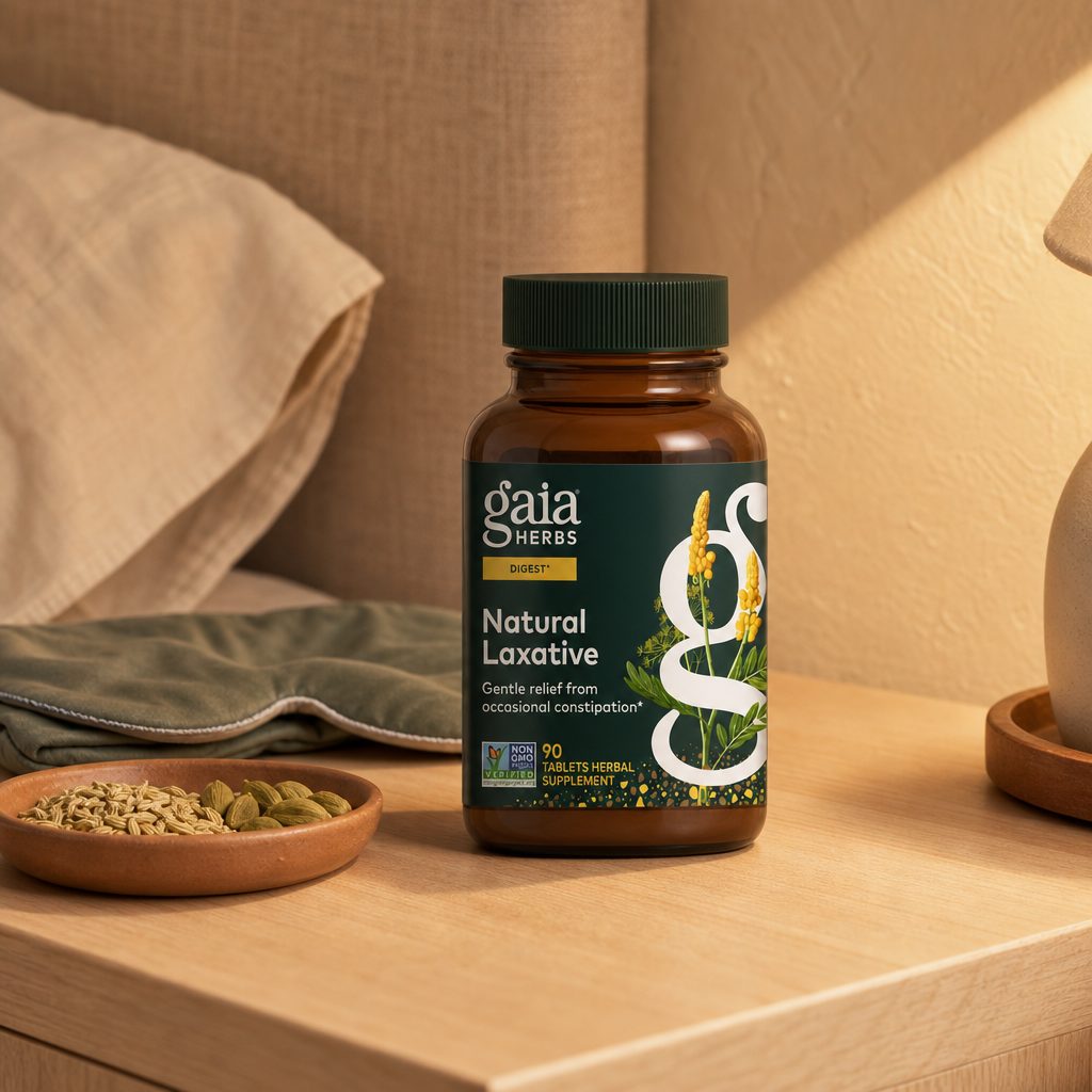 Gaia Herbs Natural Laxative Tablets bottle beside a glass of water for evening use