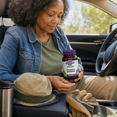 Oregon's Wild Harvest Damiana supplement facts panel with organic damiana serving details