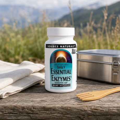 Source Naturals Daily Essential Enzymes 500 mg bottle side label with suggested use
