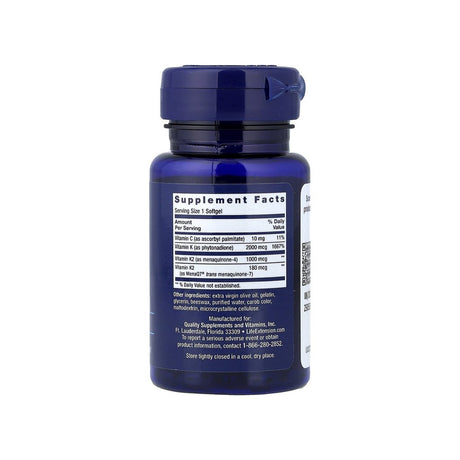 Life Extension Super K supplement facts panel listing ingredients, dosage, and serving size