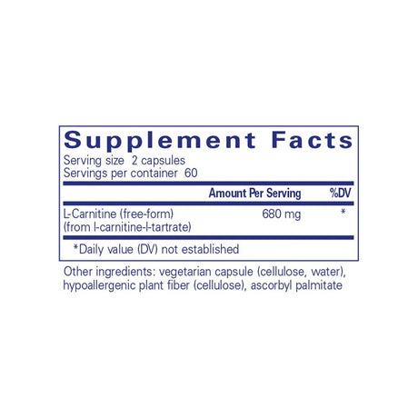Pure Encapsulations L-Carnitine supplement facts panel listing ingredients, dosage, and serving size