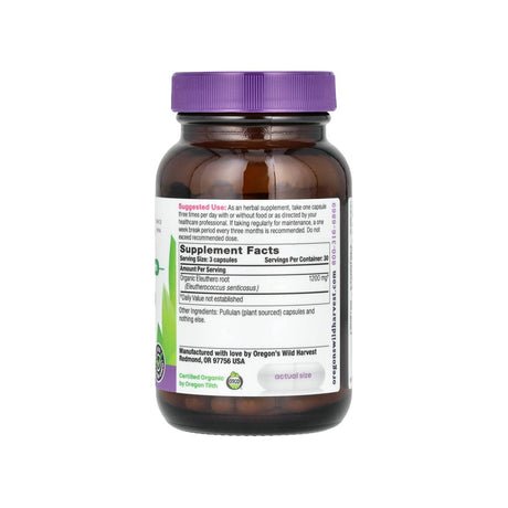 Oregon's Wild Harvest Eleuthero supplement facts panel listing ingredients, dosage, and serving size