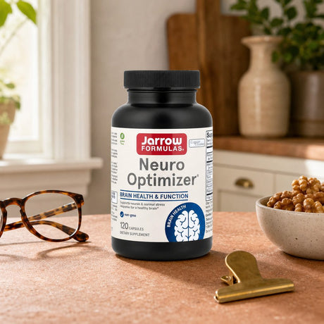 Jarrow Formulas Neuro Optimizer capsules bottle and capsules displayed on a clean surface