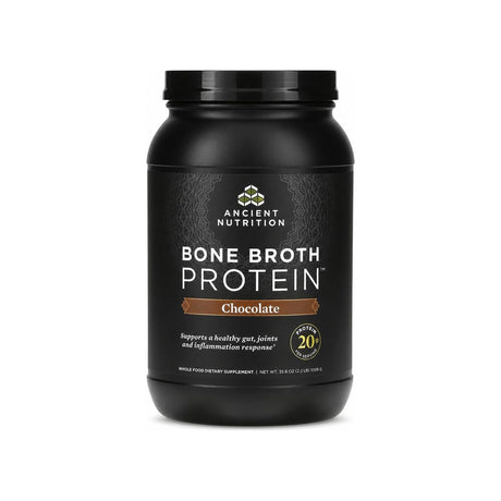 Ancient Nutrition Bone Broth Protein Chocolate tub front label, 35.6 oz
