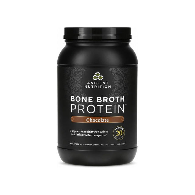 Ancient Nutrition Bone Broth Protein Chocolate tub front label, 35.6 oz