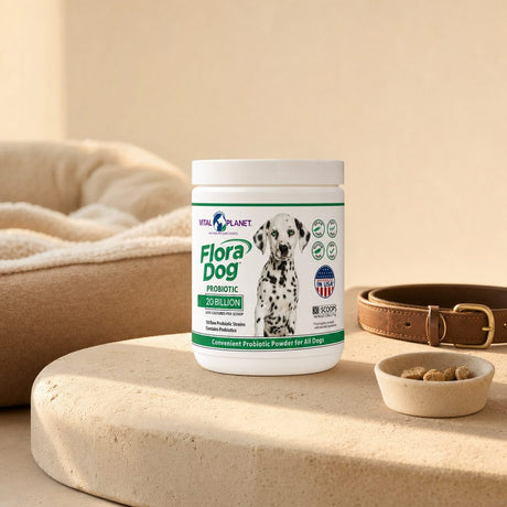 Vital Planet Flora Dog Probiotic Powder jar showing 30 servings and dog supplement labeling