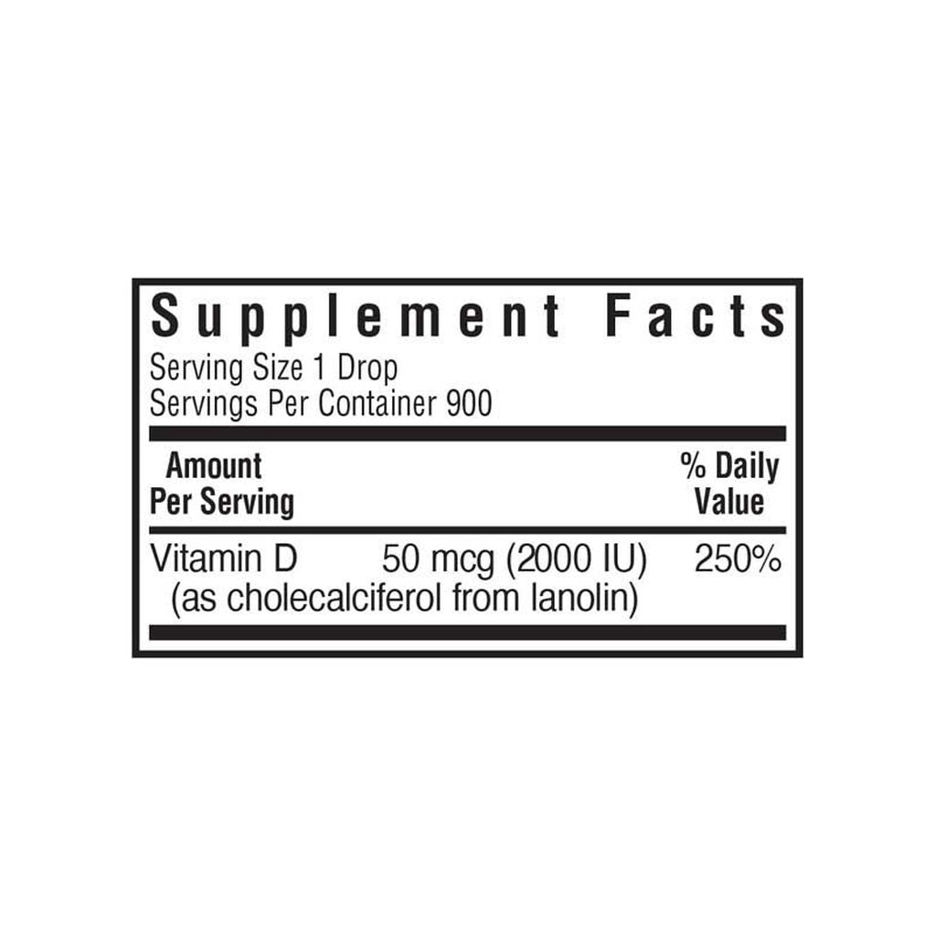 Bluebonnet Liquid Vitamin D3 Drops supplement facts panel listing ingredients and serving size