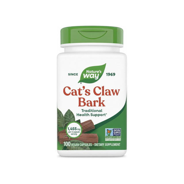 Nature's Way Cat's Claw Bark 100 vegan capsules front bottle with Non-GMO Project Verified badge