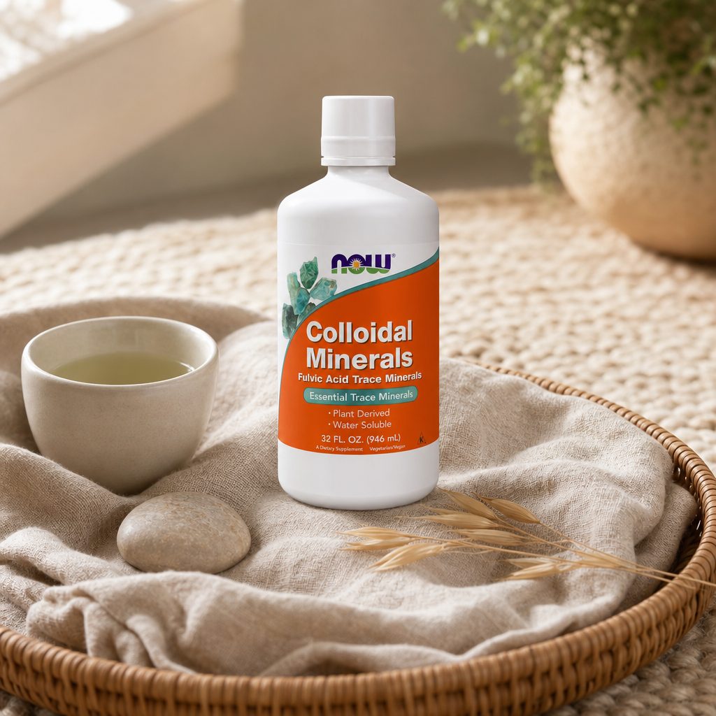 NOW Foods Colloidal Minerals 32 fl oz mixed into juice on a kitchen counter