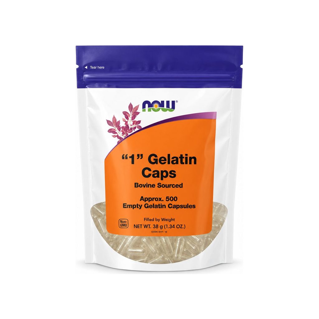 NOW Foods Empty Gelatin Capsules #1 pouch front label, approx. 500 bovine-sourced capsules