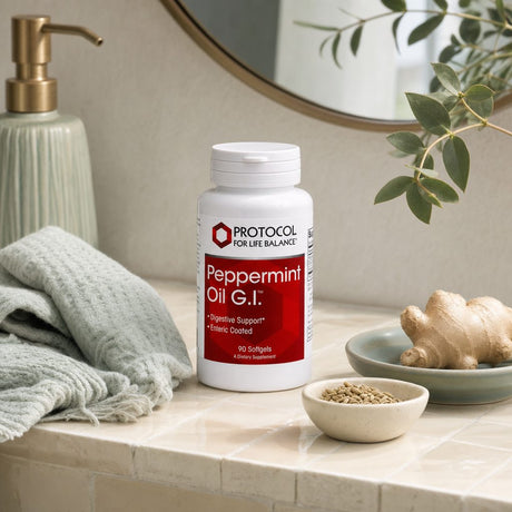 Protocol for Life Balance Peppermint Oil G.I. softgel bottle on a kitchen counter