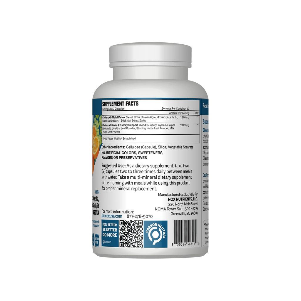 Bionox Chelanox Heavy Metal Detox supplement facts panel listing ingredients, dosage, and serving size