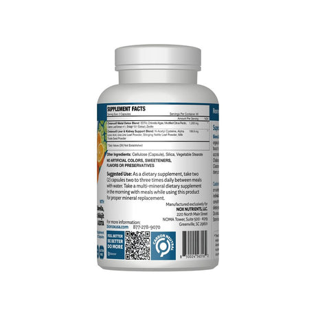 Bionox Chelanox Heavy Metal Detox supplement facts panel listing ingredients, dosage, and serving size