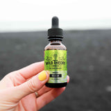 A close-up of a hand holding a bottle of Wild Theory CBD Co. THC-Free Isolate, labeled "Regular" in a bright green design. The background is blurred, with a neutral, natural setting.