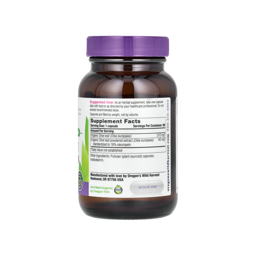 Oregon's Wild Harvest Olive Leaf supplement facts panel listing ingredients, dosage, and serving size