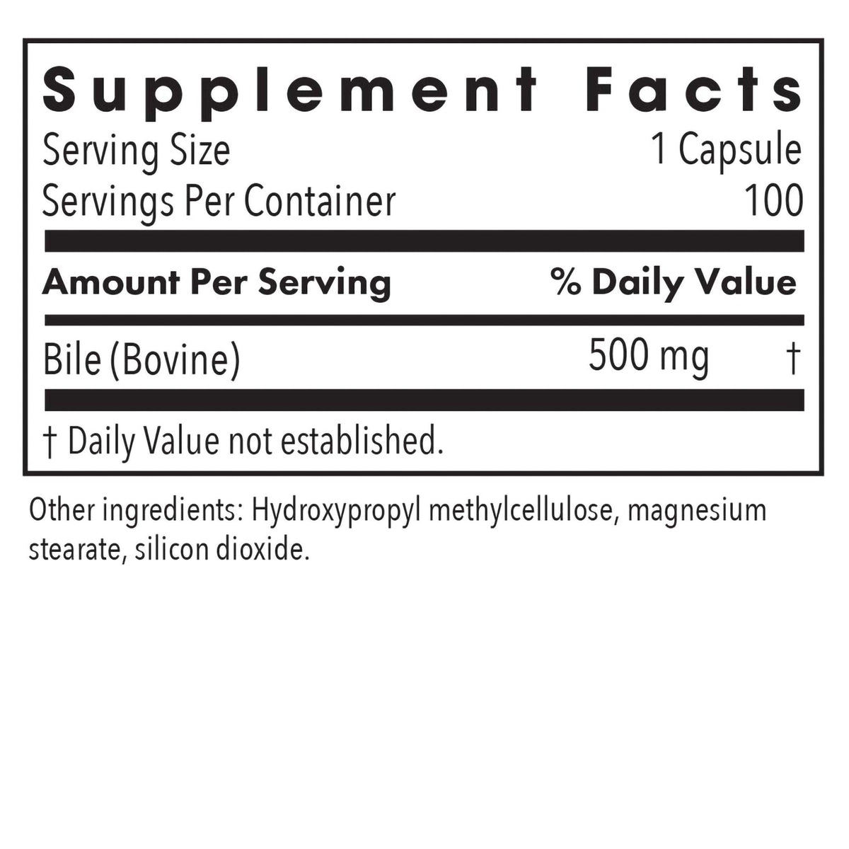 Allergy Research Group Ox Bile 500 mg supplement facts: bile (bovine) 500 mg per capsule