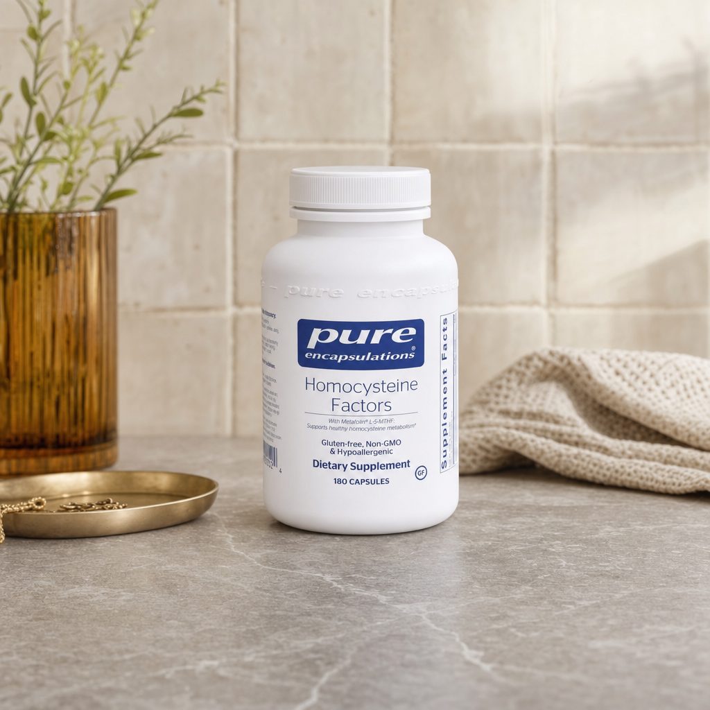 Pure Encapsulations Homocysteine Factors bottle with capsules on a clean white surface