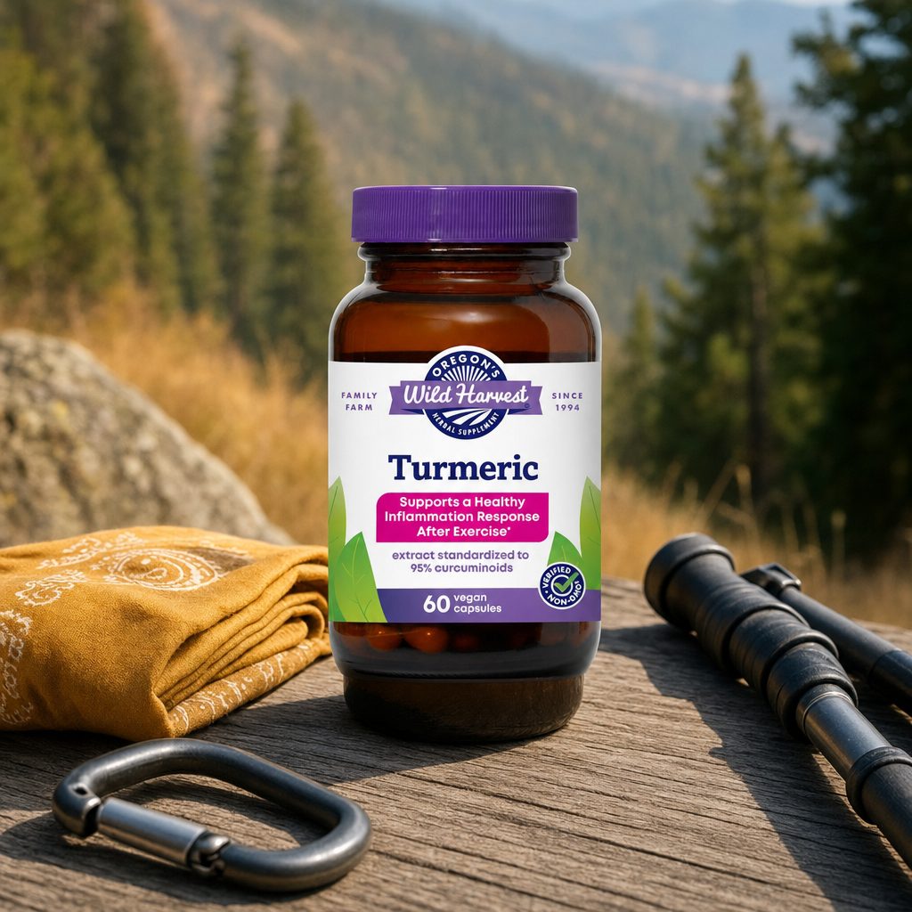 Oregon's Wild Harvest Turmeric 60 Capsules side label with suggested use and Supplement Facts