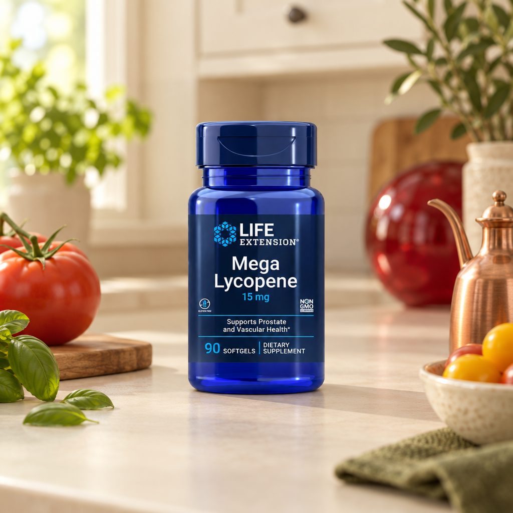 Life Extension Mega Lycopene 15 mg bottle on a kitchen counter beside tomatoes and basil