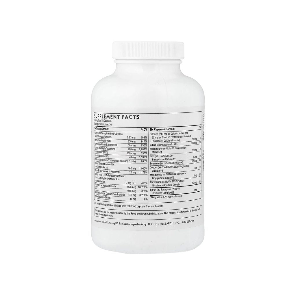 Thorne Women's Multi 50+ supplement facts panel listing ingredients, dosage, and serving size