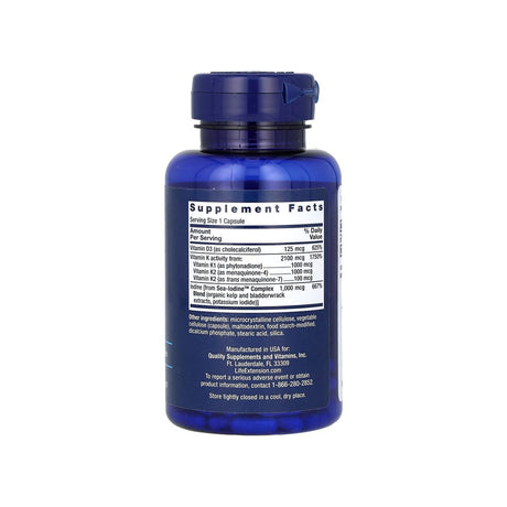 Life Extension D & K with Sea-Iodine supplement facts panel listing ingredients and serving size