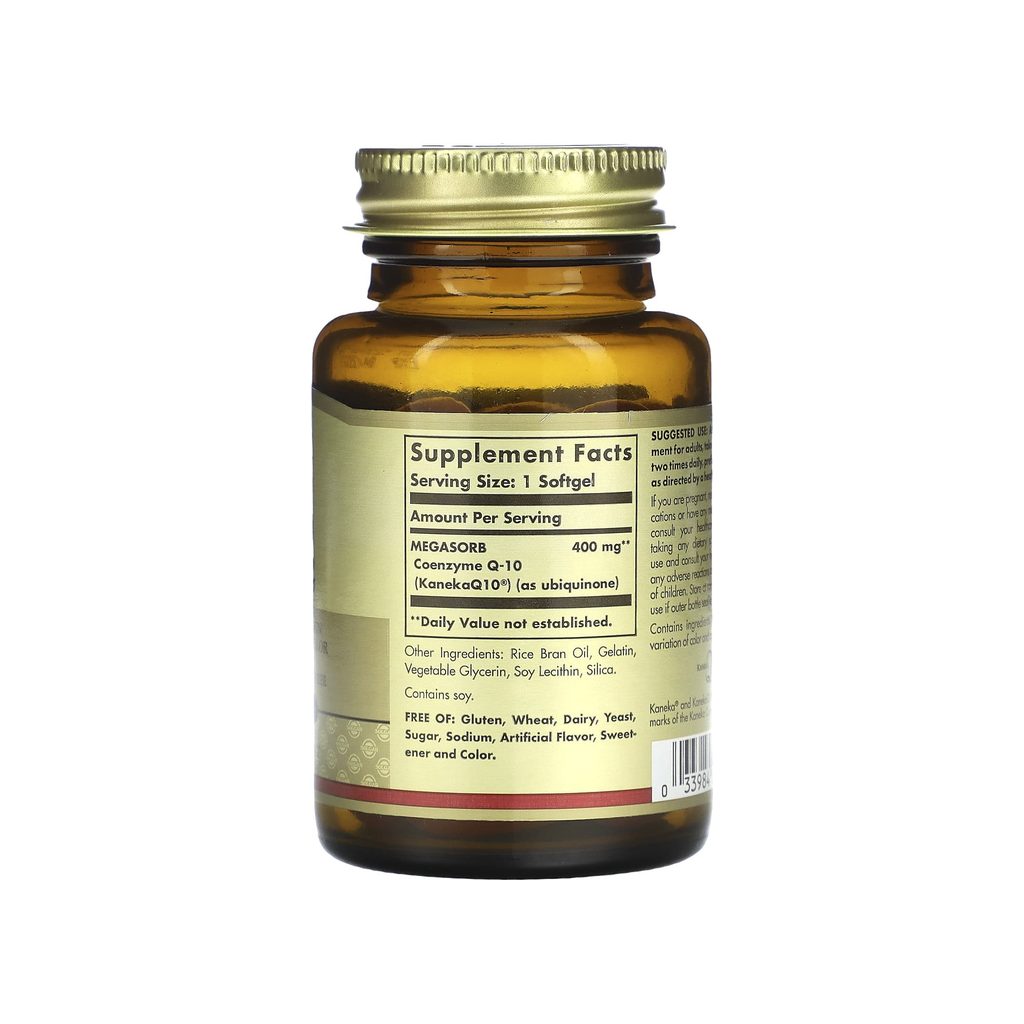 Solgar Megasorb CoQ-10 400 mg supplement facts panel listing ingredients, dosage, and serving size