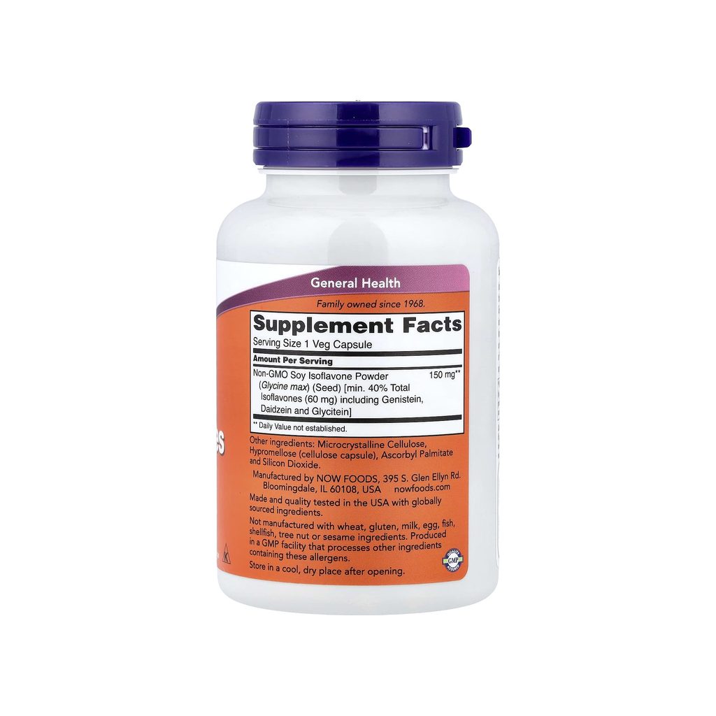NOW Foods Soy Isoflavones supplement facts panel listing ingredients, dosage, and serving size