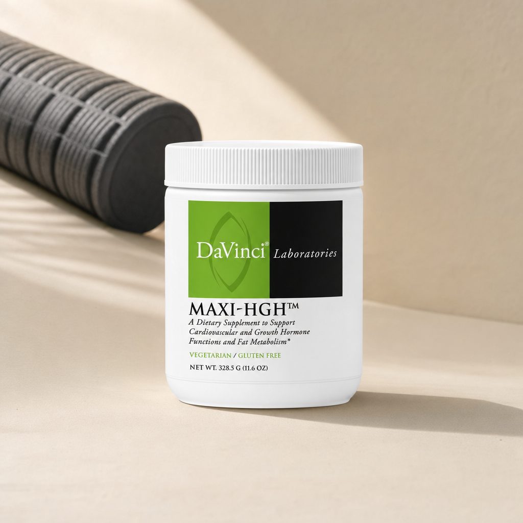 DaVinci Laboratories Maxi-HGH Powder container angled to show front label and scoop-friendly tub