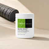 DaVinci Laboratories Maxi-HGH Powder container angled to show front label and scoop-friendly tub