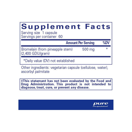 Pure Encapsulations Bromelain 2400 supplement facts panel listing ingredients, dosage, and serving size