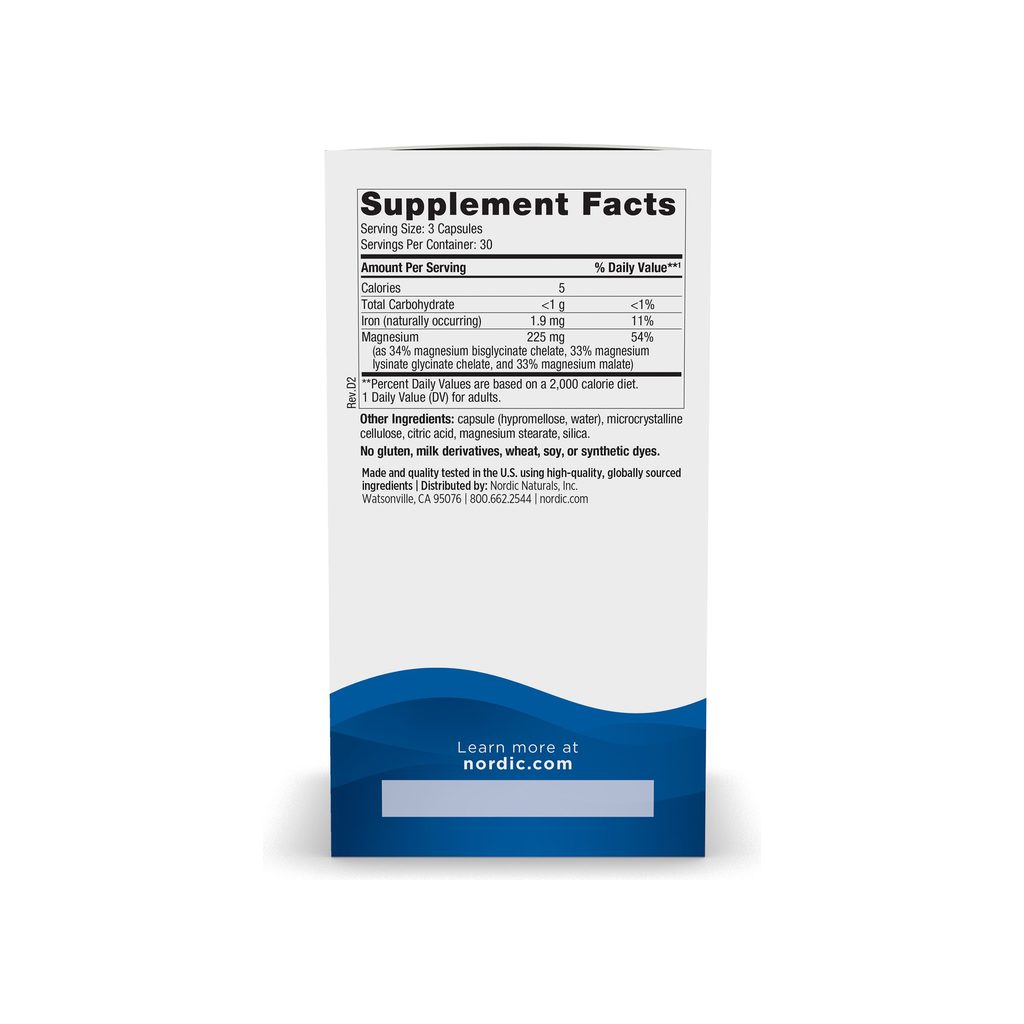 Nordic Naturals Magnesium Complex box side panel showing the Supplement Facts and other ingredients