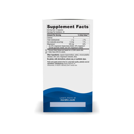 Nordic Naturals Magnesium Complex box side panel showing the Supplement Facts and other ingredients