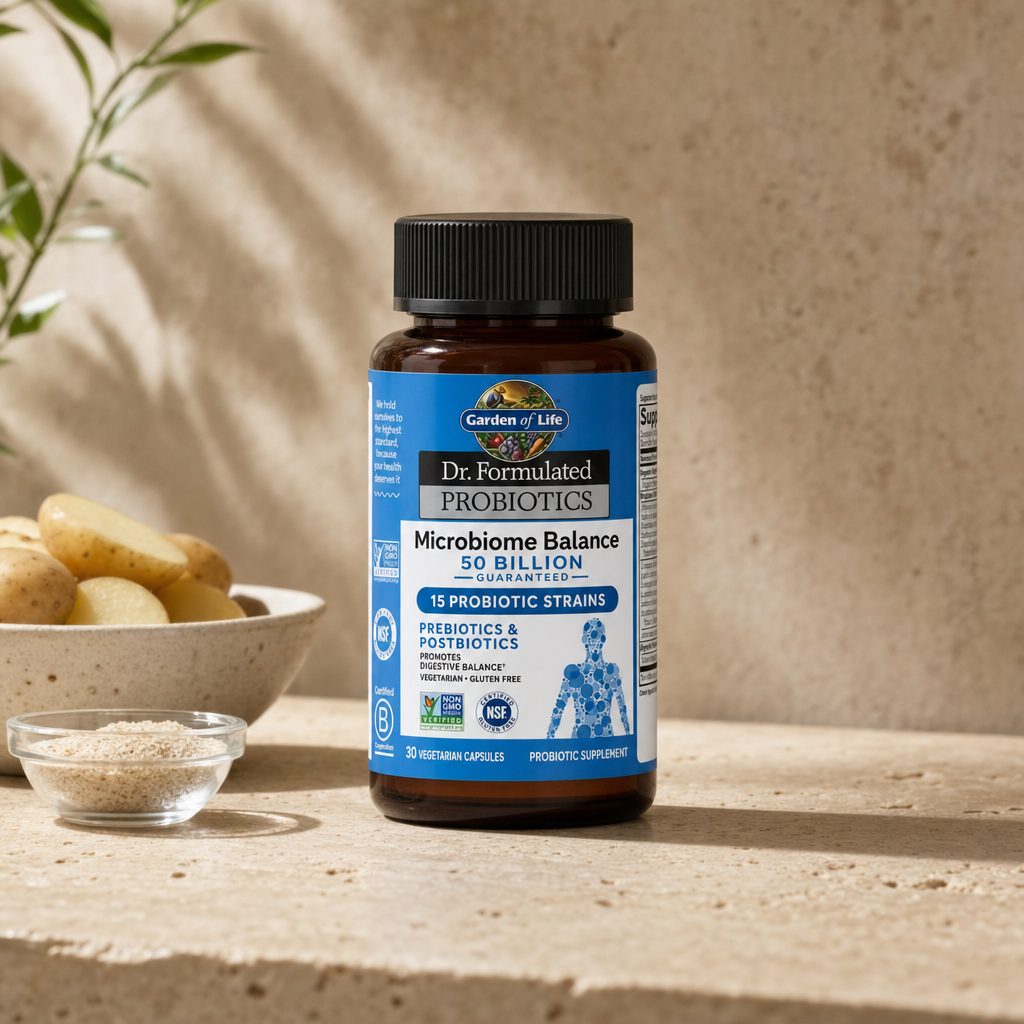 Garden of Life Dr. Formulated Probiotics Microbiome Balance bottle with lifestyle gut health graphics