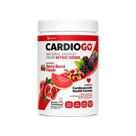 Bionox CardioGO Berry Burst 30 servings front tub with zero sugar and gluten free callouts