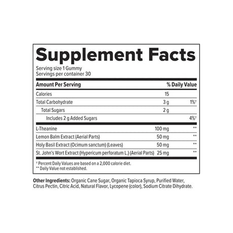 +PlusHLTH Peace Gummies supplement facts panel listing ingredients, dosage, and serving size