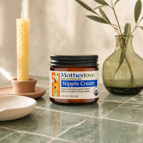 Motherlove Nipple Cream jar with nursing nipple care and pumping comfort callouts