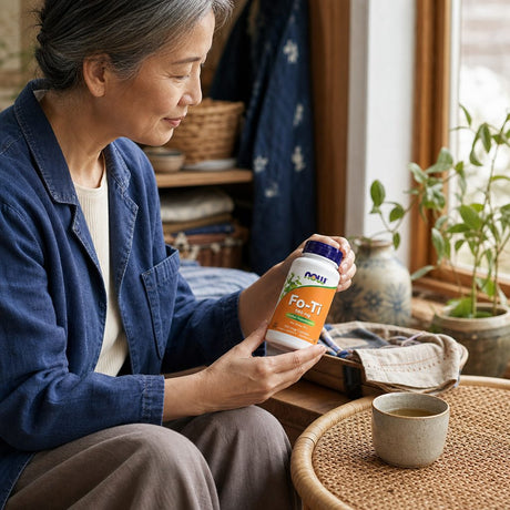 NOW Foods Fo-Ti 560 mg bottle side panel with Non-GMO, vegan, kosher, and GMP notes