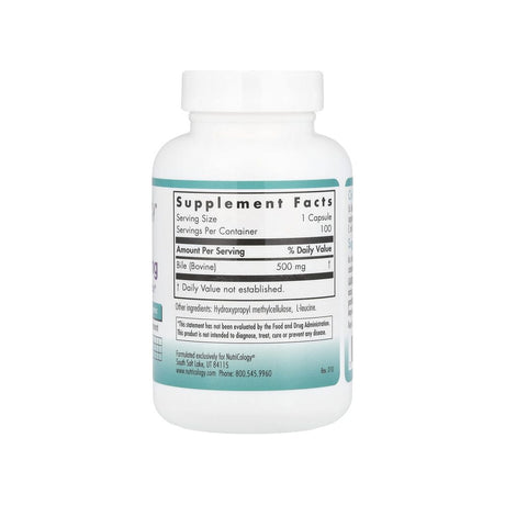 NutriCology Ox Bile 500 mg supplement facts panel listing ingredients, dosage, and serving size